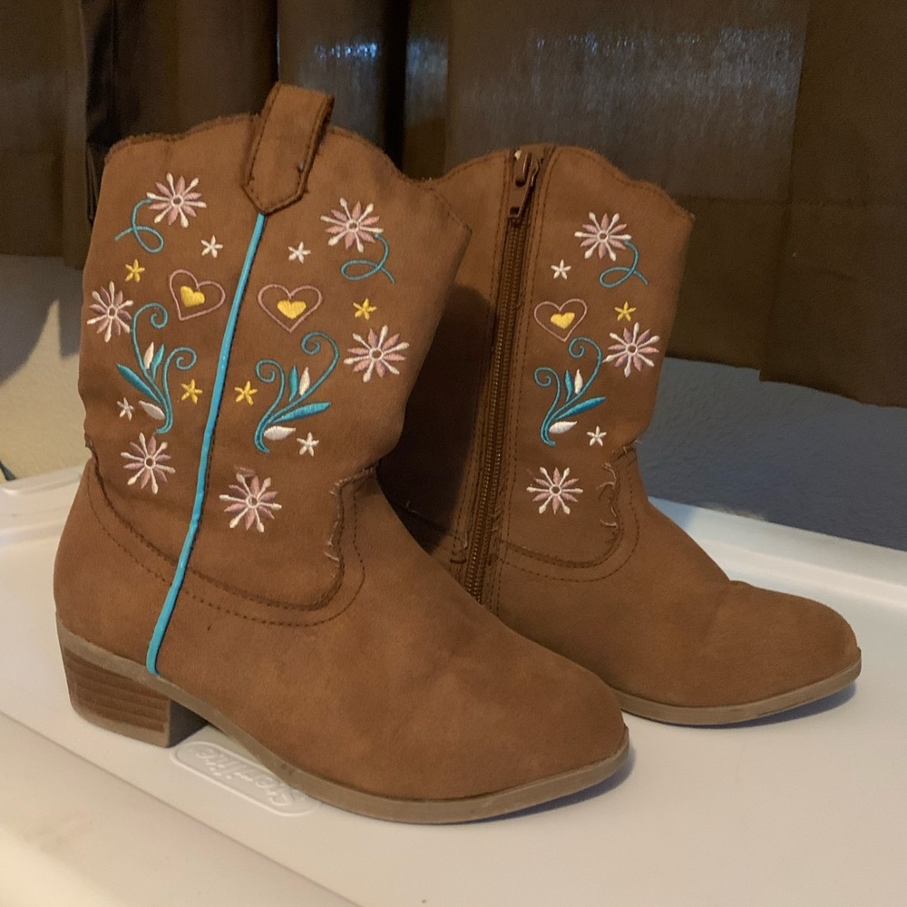 Kids Embroidered Western Boots - Brown